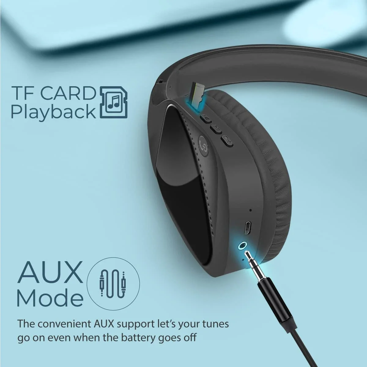 Promate NOVA Wireless & Wired Hi-Fi Stereo Headphones with MicroSD, FM Radio and AUX - Black - Thumbnail 5