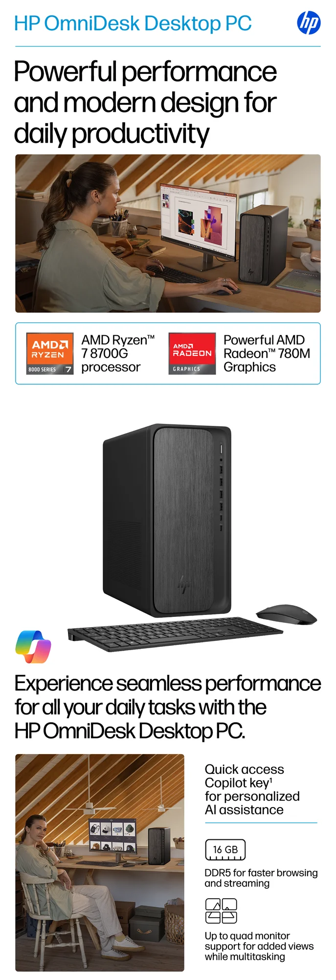 كمبيوتر مكتبي للألعاب HP OmniDesk M02-0234m Ryzen 7 8700G رام 16GB SSD سعة 1TB Radeon 780M أسود - Image 8