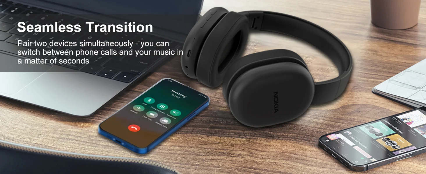 سماعات رأس لاسلكية فوق الأذن Nokia E1300 بتقنية Bluetooth، تشغيل 40 ساعة، أسود - Thumbnail 10