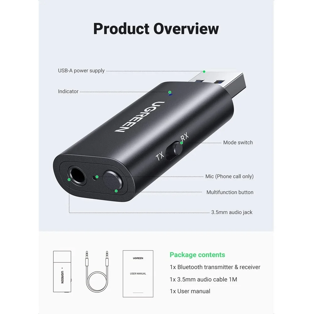 Ugreen 60300 Bluetooth 5.1 2-in-1 Audio Transmitter and Receiver - Thumbnail 2
