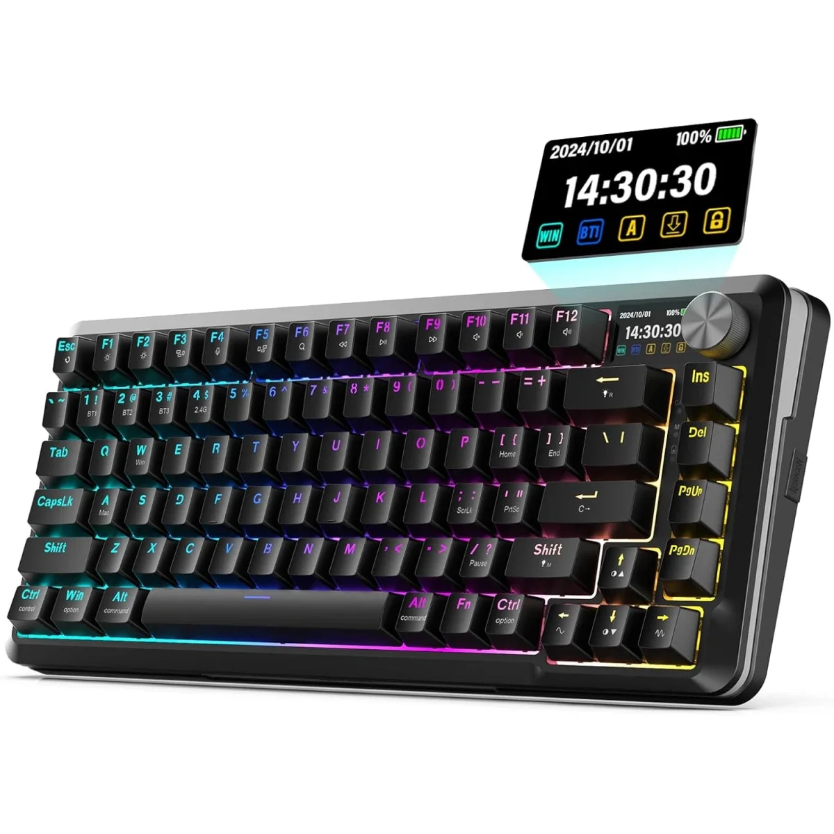 كيبورد ألعاب ميكانيكي Redragon K708 لاسلكي ثلاثي الاتصال مع شاشة LCD وإضاءة RGB وبطارية 4000mAh