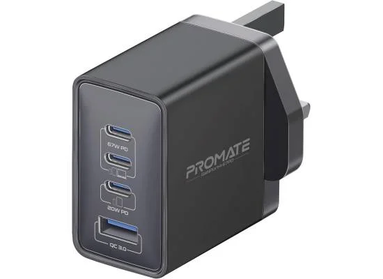 شاحن جداري Promate GaNPort4-67PD بتقنية GaN 67 واط، USB-C مزدوج PD و20 واط وQC 3.0 بقوة 22.5 واط، أسود - Thumbnail 6