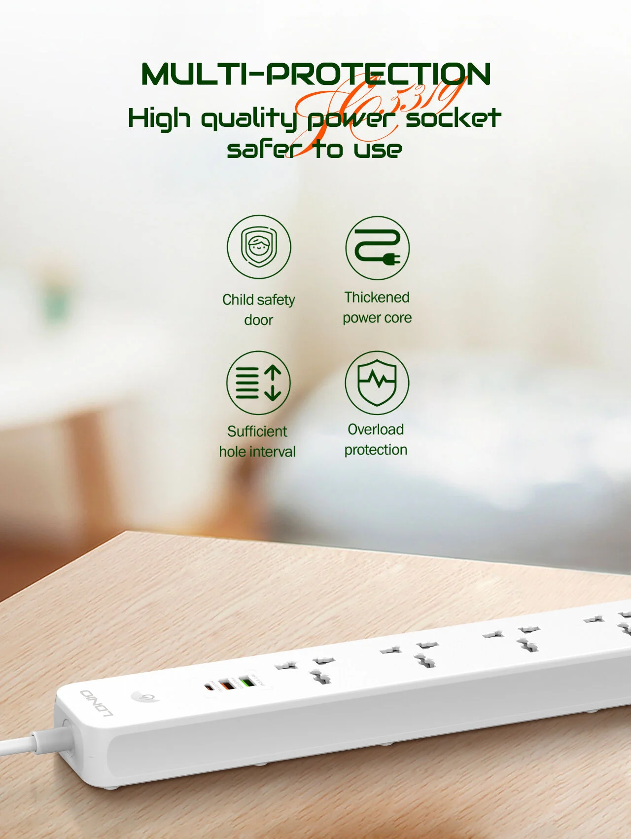 مشترك كهرباء LDNIO SC5319 مع 5 منافذ AC و3 منافذ USB وكابل 2 متر - Thumbnail 10