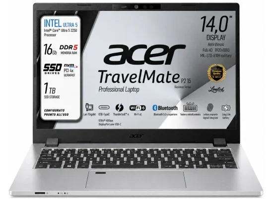 لابتوب أعمال Acer TravelMate P2 14 (2025) بمعالج Intel Core Ultra 5 225U و12 نواة، رام 16GB وSSD بسعة 1TB، فضي – TMP214-56-G2-TCO-56R3 - Thumbnail 8