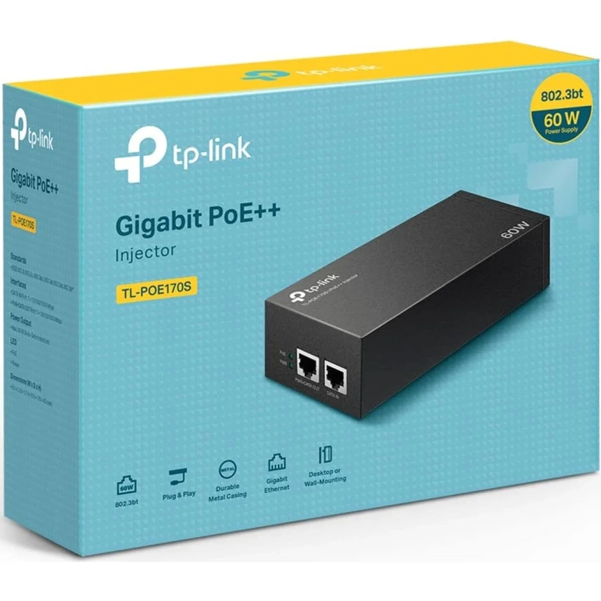 TP-LINK TL-PoE170S PoE++ Injector Gigabit Non-PoE to PoE Adapter 60W Black