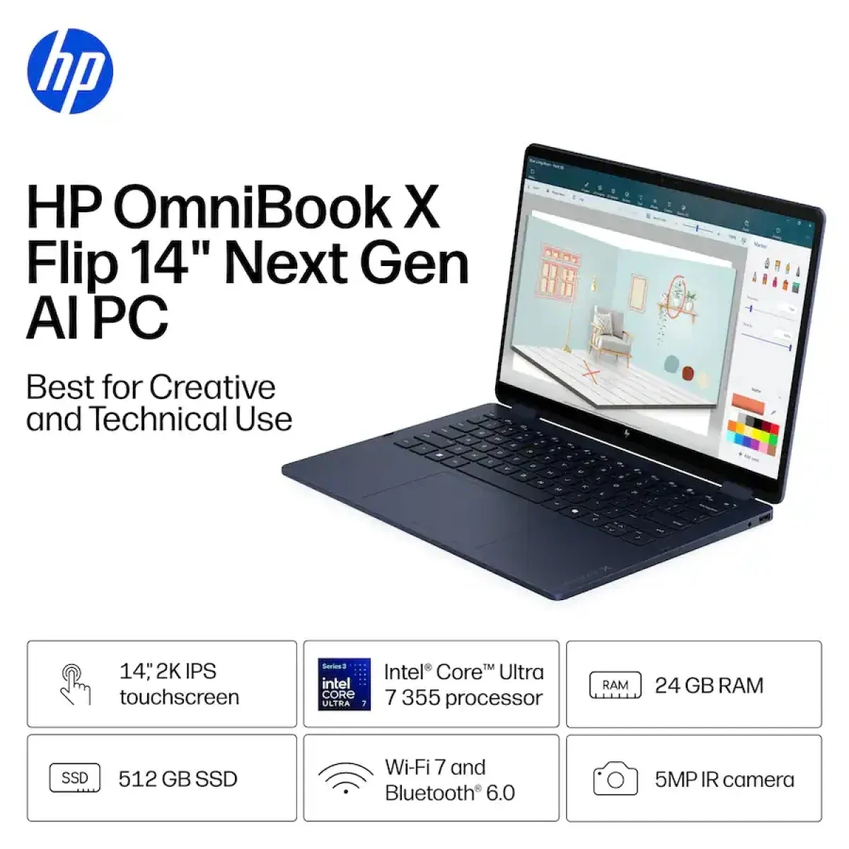 لابتوب HP OmniBook X Flip 14-kp0023dx بشاشة لمس 14 إنش 2K، Core Ultra 7 355، رام 24GB، SSD 512GB، أزرق جوي - Thumbnail 4