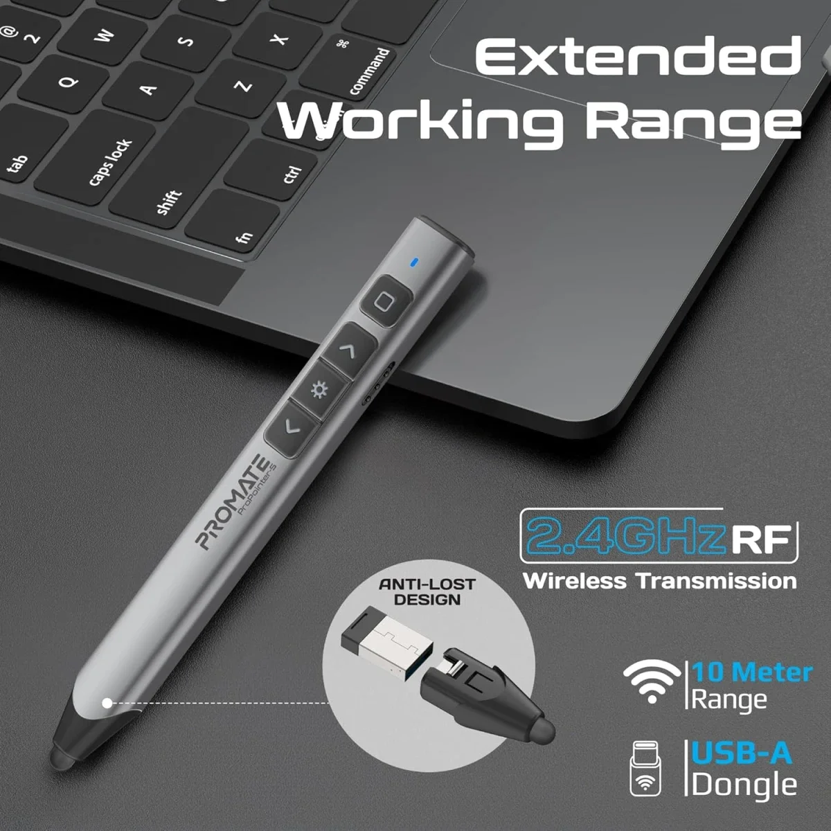 جهاز تحكم بالعروض وقلم ستايلس Promate ProPointer-S لاسلكي بمؤشر ليزر أخضر وتقنية 2.4GHz ومدى 50 متر - أسود - Thumbnail 6