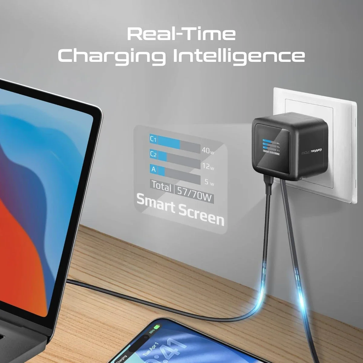 شاحن Promate Cubix-R70 GaNFast بقدرة 70 واط مع كابل USB-C قابل للسحب بطول 80 سم - Thumbnail 3
