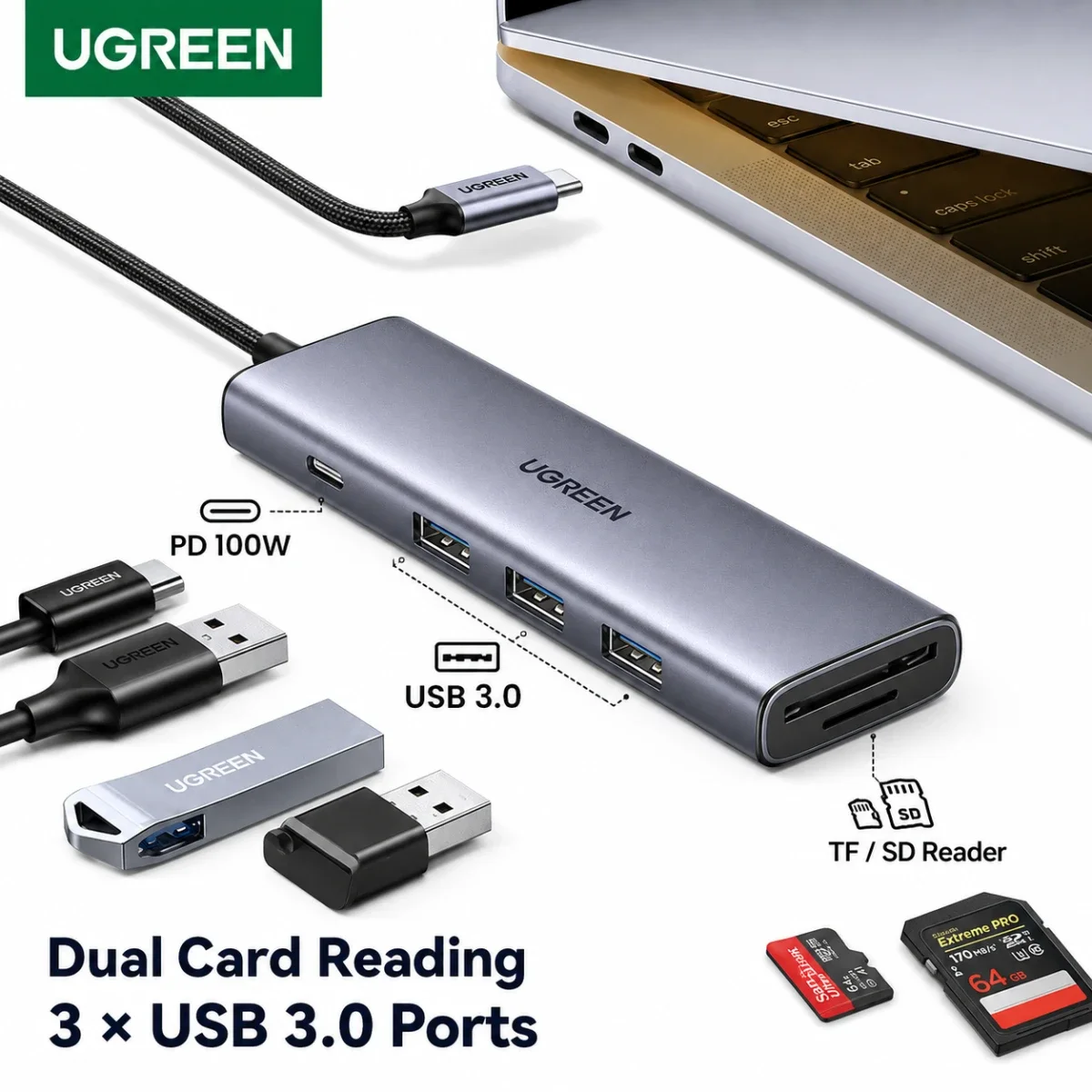 موزع USB-C Ugreen CM511 6 في 1 مع PD بقوة 100 واط وقارئ بطاقات SD/TF - رمادي