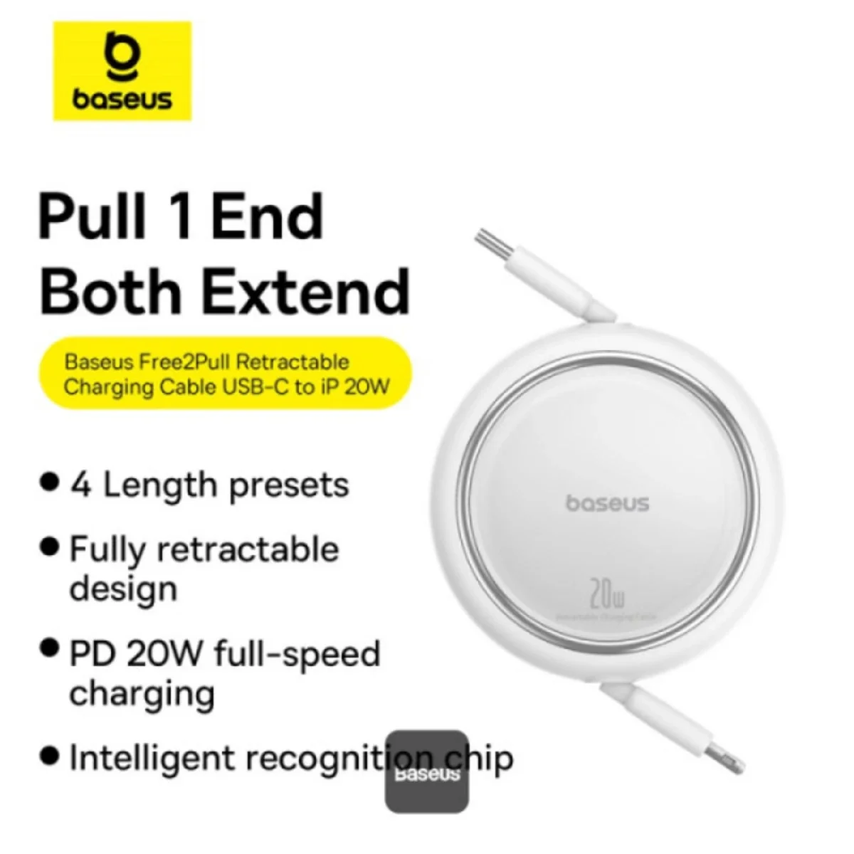 كابل Baseus Free2Pull Mini قابل للسحب من USB-C إلى Lightning بقوة 20W بطول 1 متر أبيض - Image 2
