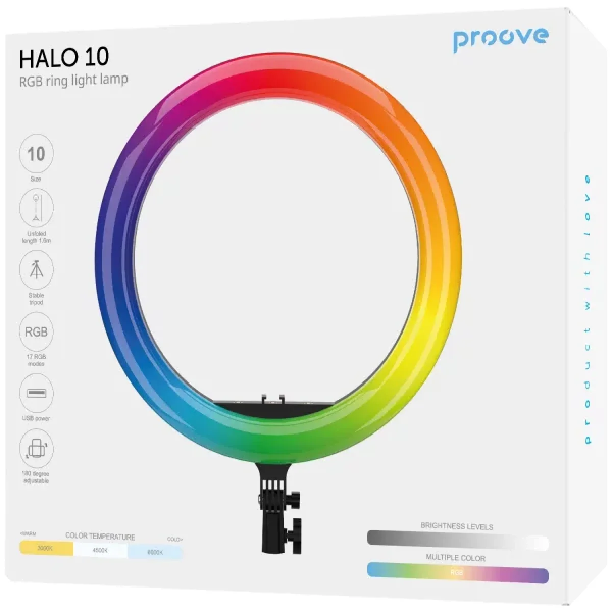 إضاءة حلقية Proove Halo 10 RGB مقاس 10 إنش بقوة 10 واط مع حامل ثلاثي 1.6 متر، أبيض (PLRL10100401) - Image 7