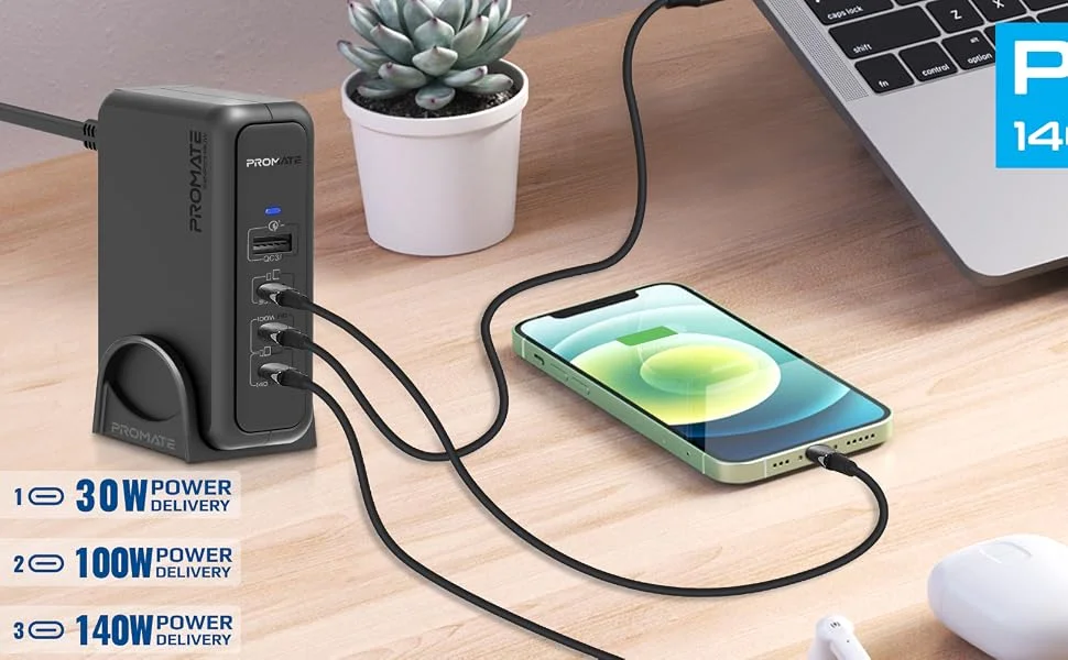 Promate GaNPort-140W 140W GaN Laptop Charger with 100W and 30W USB-C PD Ports - Image 9
