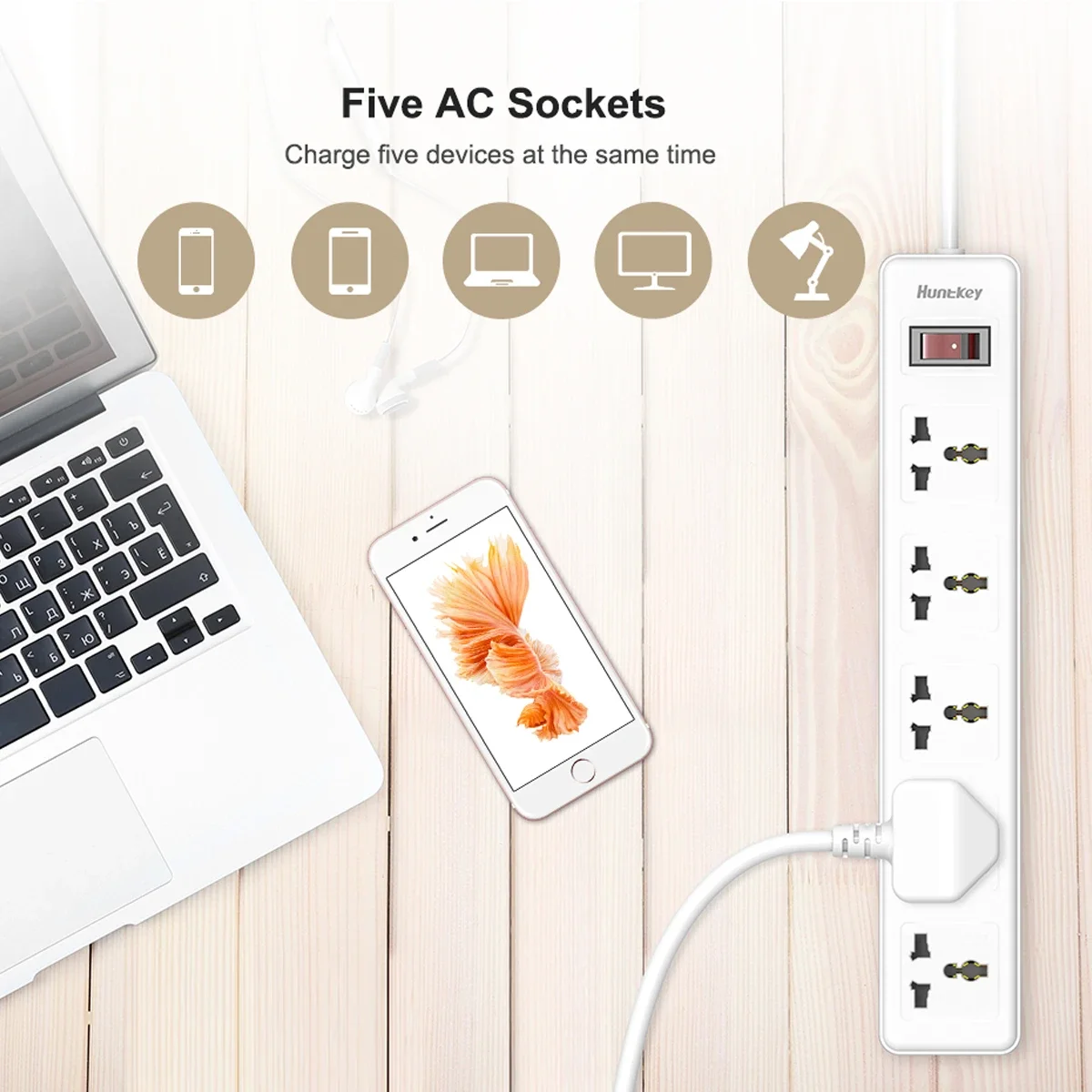 Huntkey SSZ501 Universal Power Strip, 5 Outlets, 3m, White - Image 3