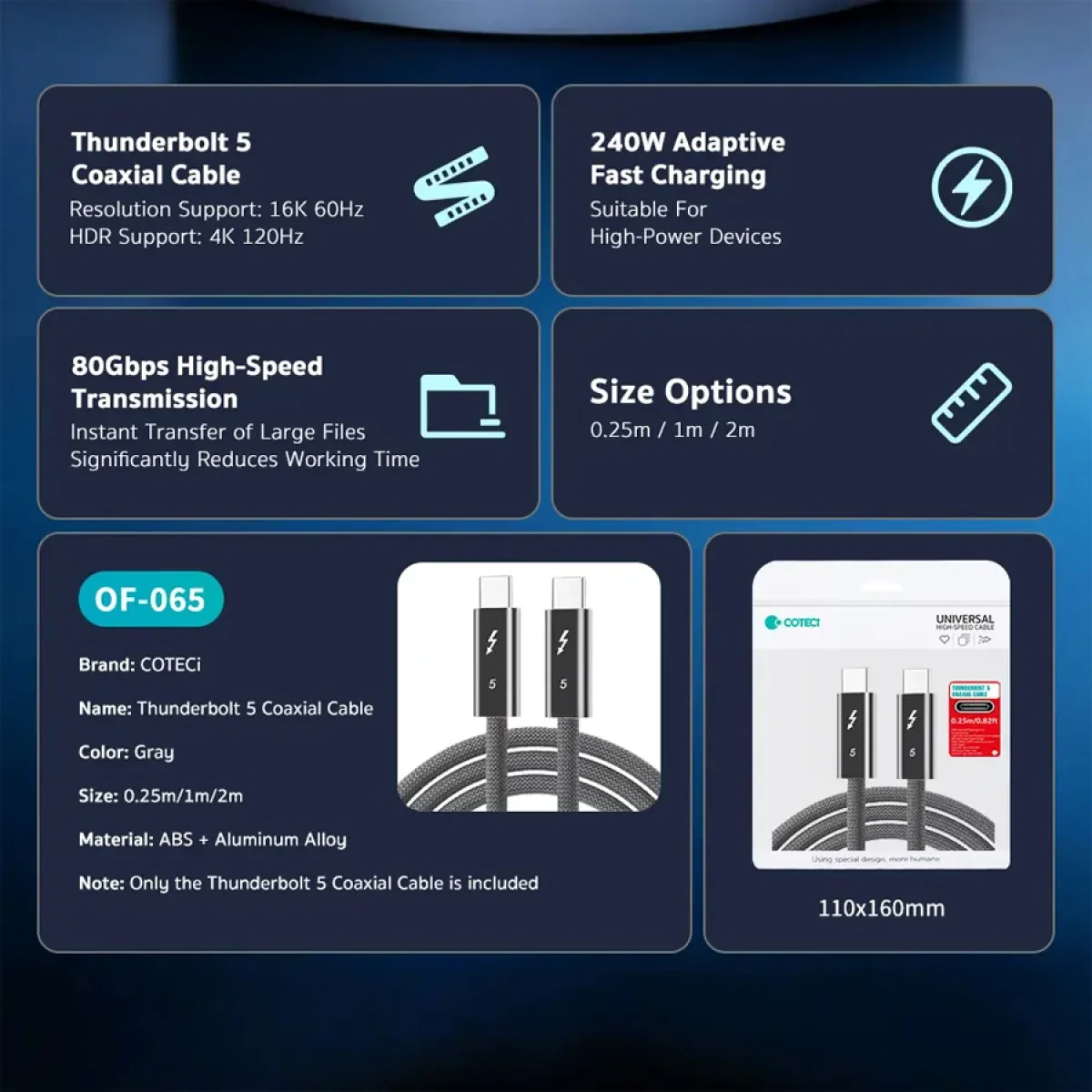 Coteci OF-065 Thunderbolt 5 USB-C to USB-C Coaxial Cable 240W 80Gbps 4K 120Hz HDR - Thumbnail 2