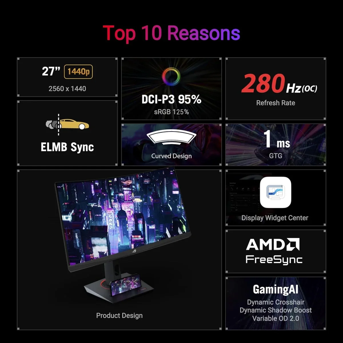 شاشة Asus ROG Strix XG27WCMS للألعاب 27 إنش منحنية QHD، 280 هرتز، 1 مللي ثانية، USB-C - Image 2