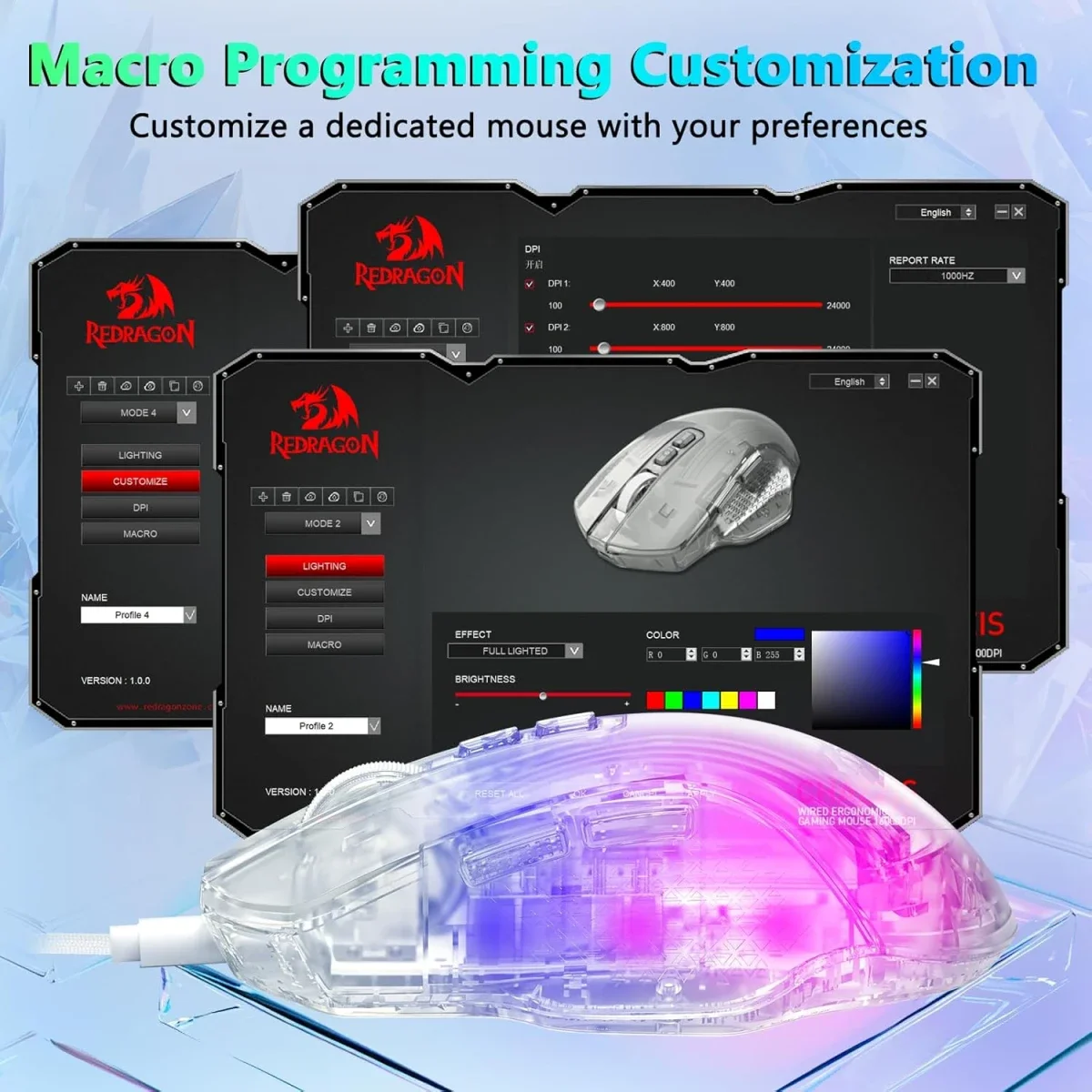 ماوس ألعاب Redragon M695 CT سلكي بدقة 24000 DPI وإضاءة RGB أبيض - Thumbnail 5