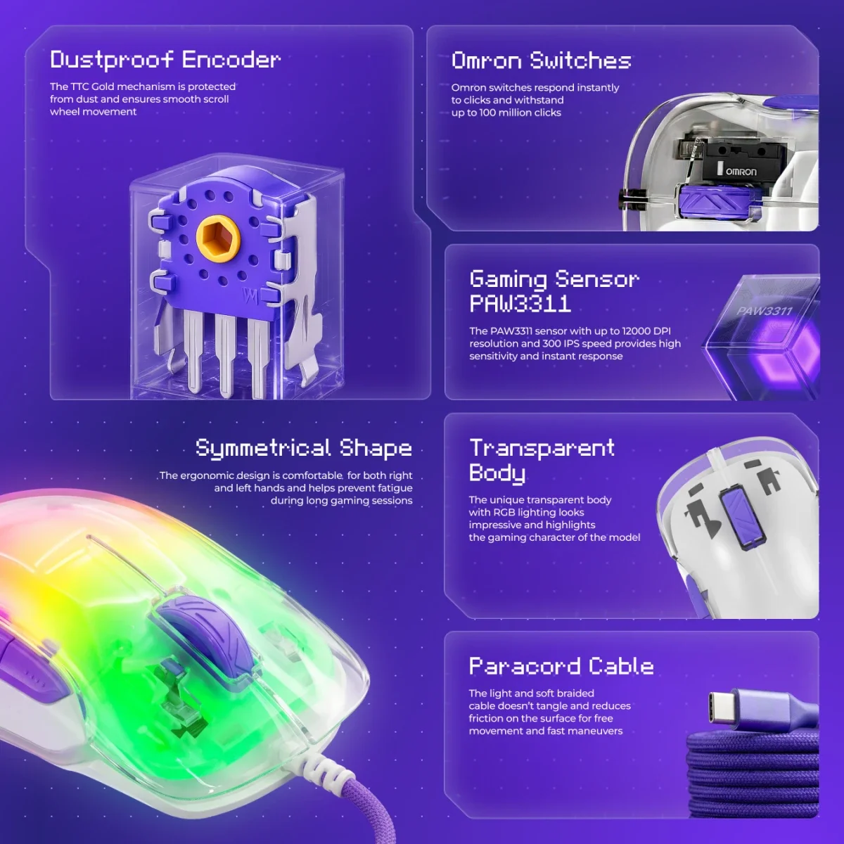 Proove Gaming Blaze Wired Gaming Mouse, 12000 DPI, Black/Purple - Thumbnail 4