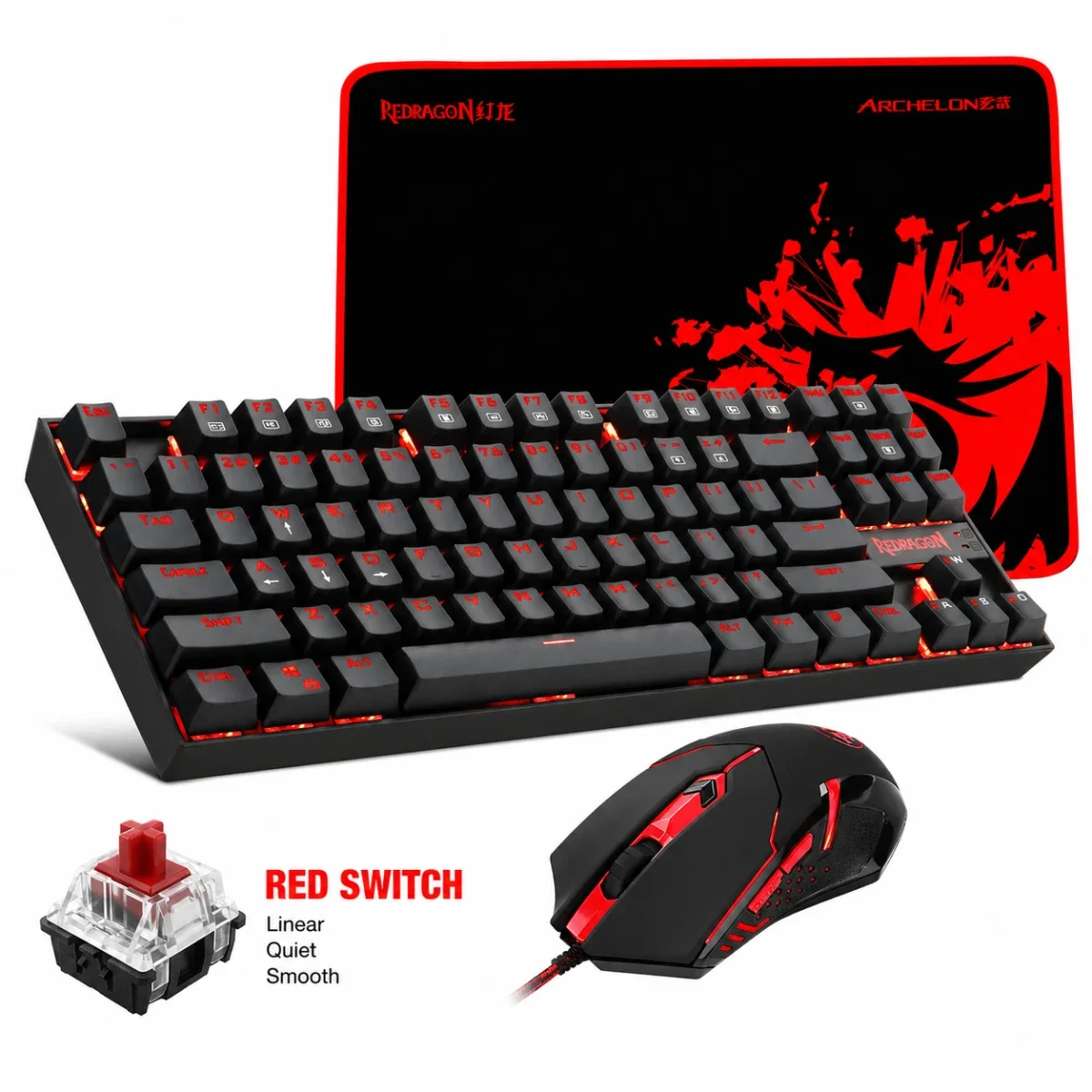 طقم ألعاب Redragon K552-BA كيبورد ميكانيكي وماوس ولوحة ماوس كبيرة - 87 مفتاح، سويتش أحمر