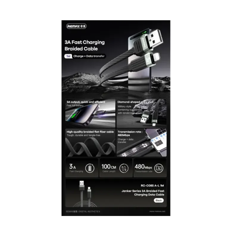 Remax Janker Series RC-C085 3A Braided USB-A to Lightning Fast Charging Cable – 1M – Black - Image 3