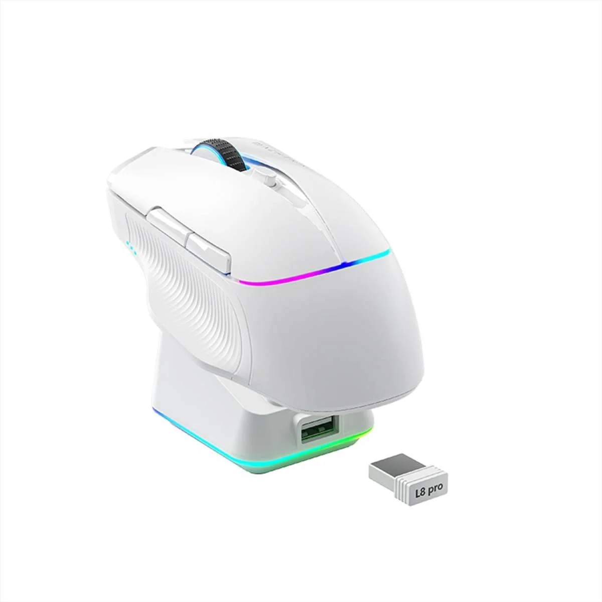 ماوس ألعاب MACHENIKE L8 Pro لاسلكي 8KHz مع قاعدة شحن RGB، 26000 DPI، أبيض