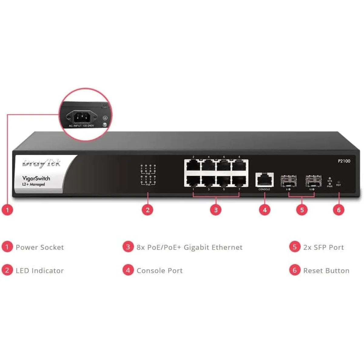 سويتش شبكة DrayTek VigorSwitch P2100 8 منافذ جيجابت PoE+ Layer 2+ مُدار مع منفذي SFP Uplink - Image 4
