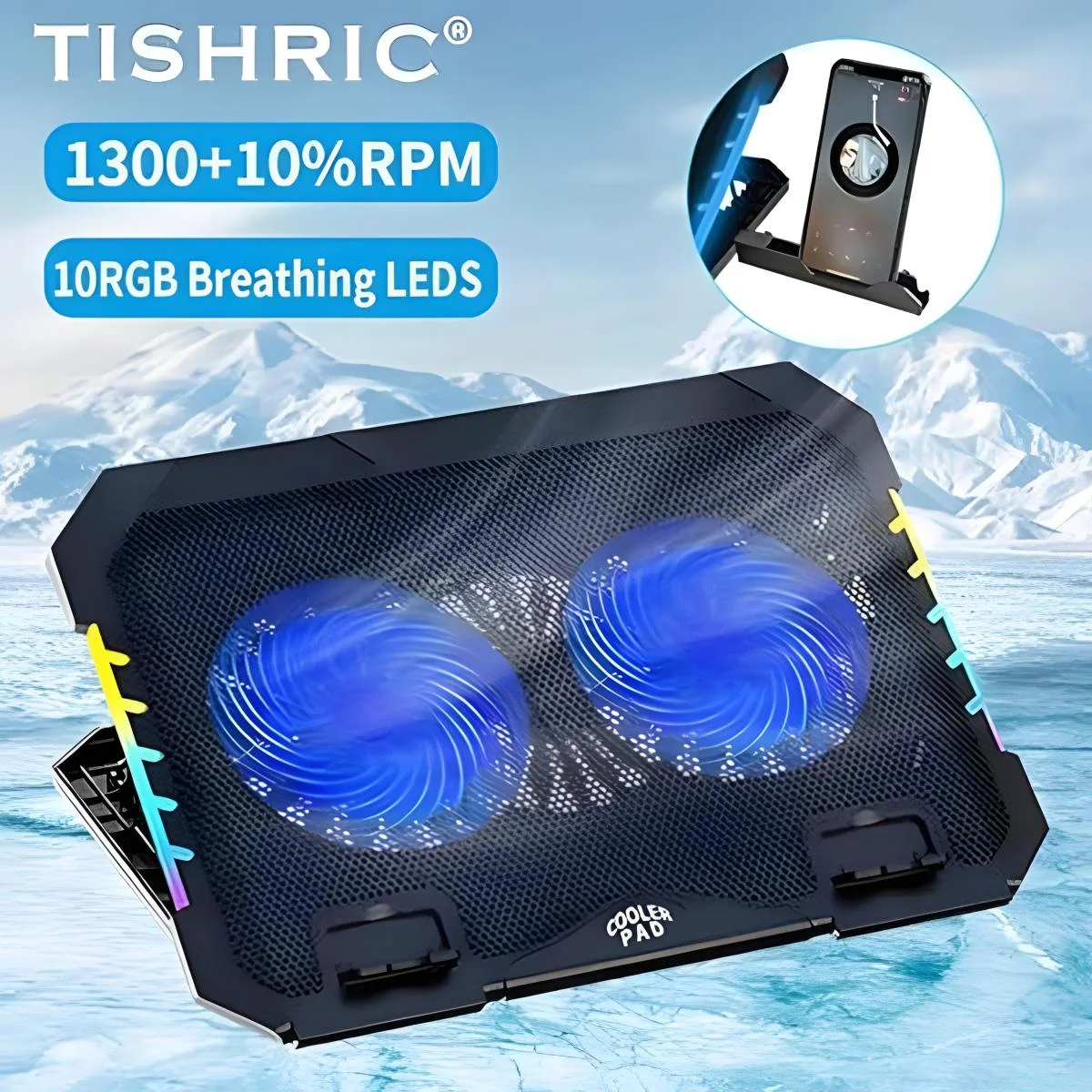 S900 Gaming Laptop Cooling Pad with Mobile Stand, Dual Blue LED Fans and RGB Side Lights - Thumbnail 3