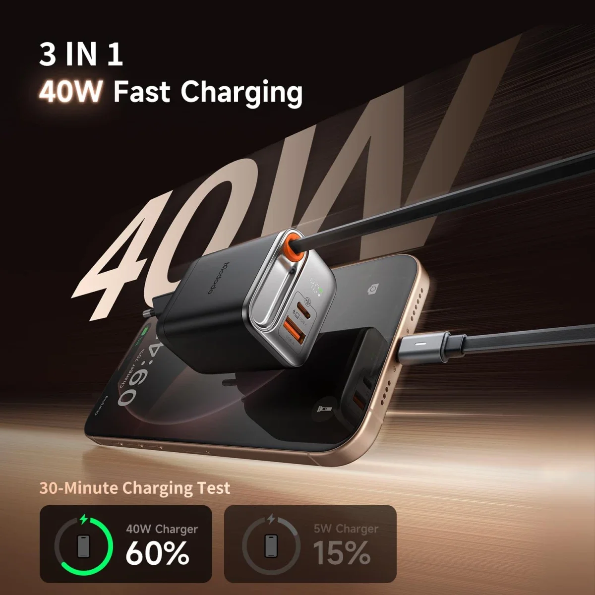 Mcdodo CH-4280 40W GaN5 USB-C Charger with Retractable Cable, Dual USB Ports, LED Display - Black - Thumbnail 7
