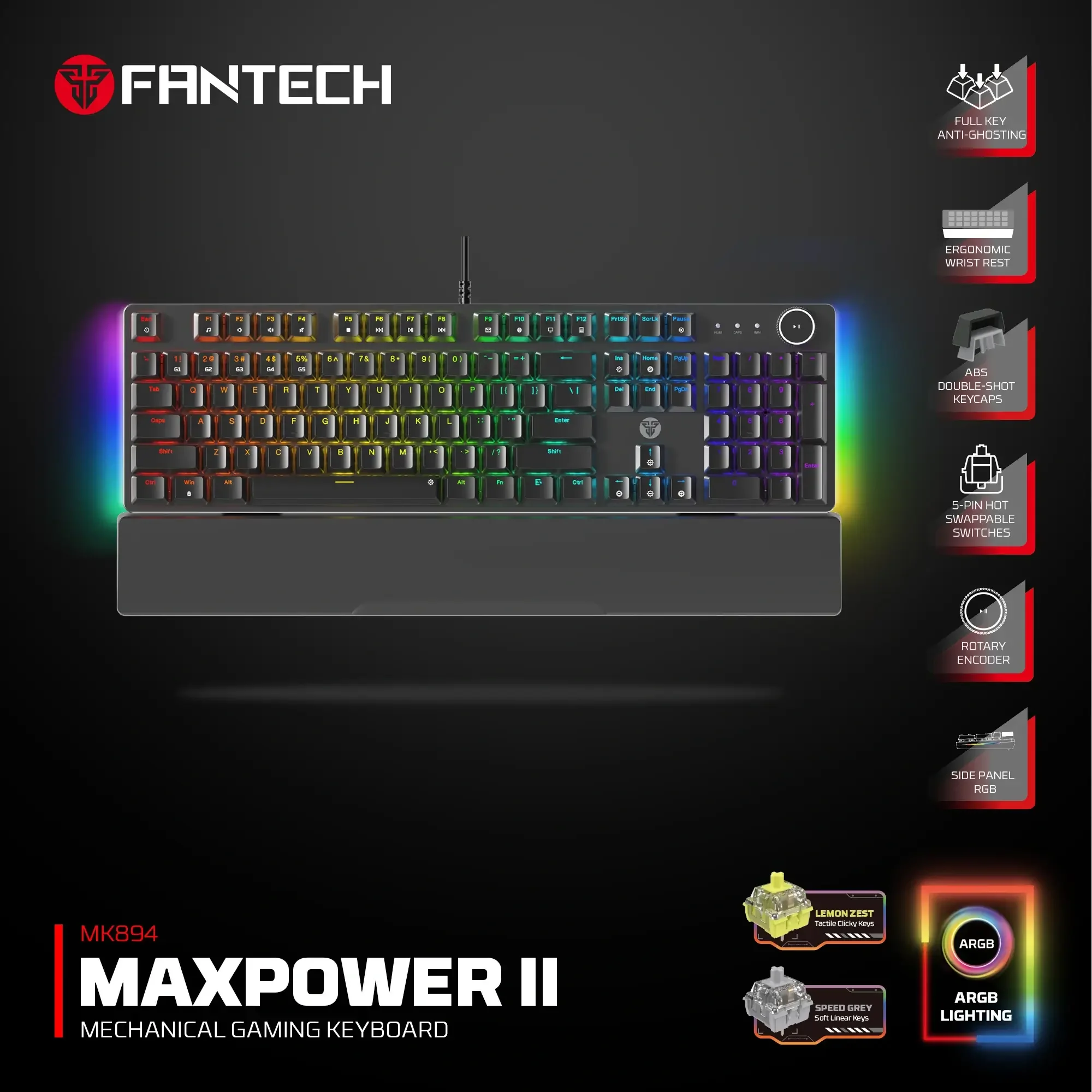 كيبورد ألعاب ميكانيكي سلكي - Fantech MK894 Maxpower II أسود - Thumbnail 3