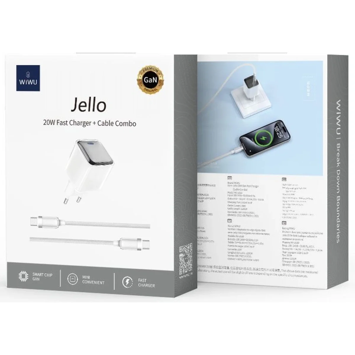 WIWU Jello Wi-U030 20W GaN USB-C Wall Charger with Type-C Cable - White