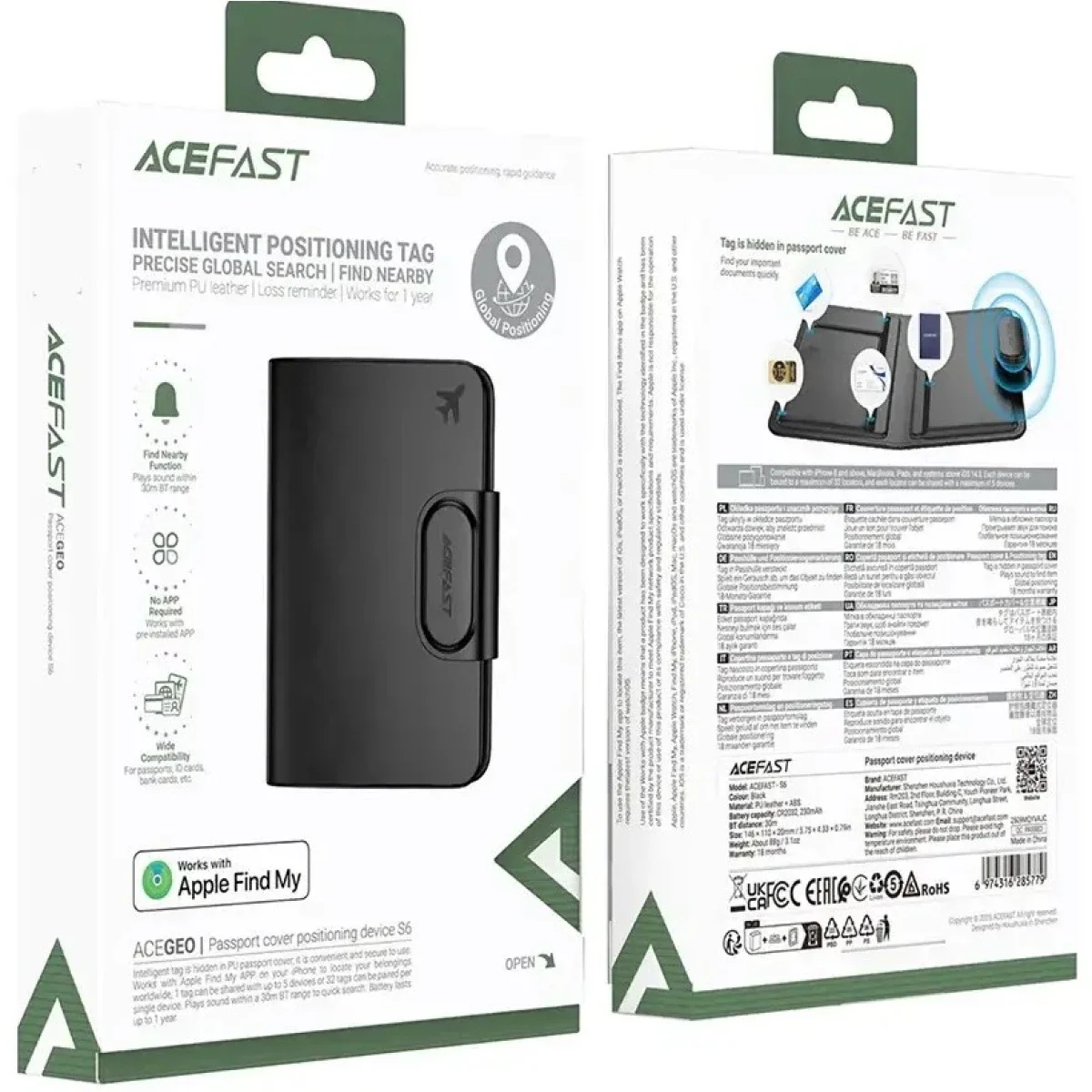 ACEFAST S6 Passport Cover Tracker with Apple Find My, Black