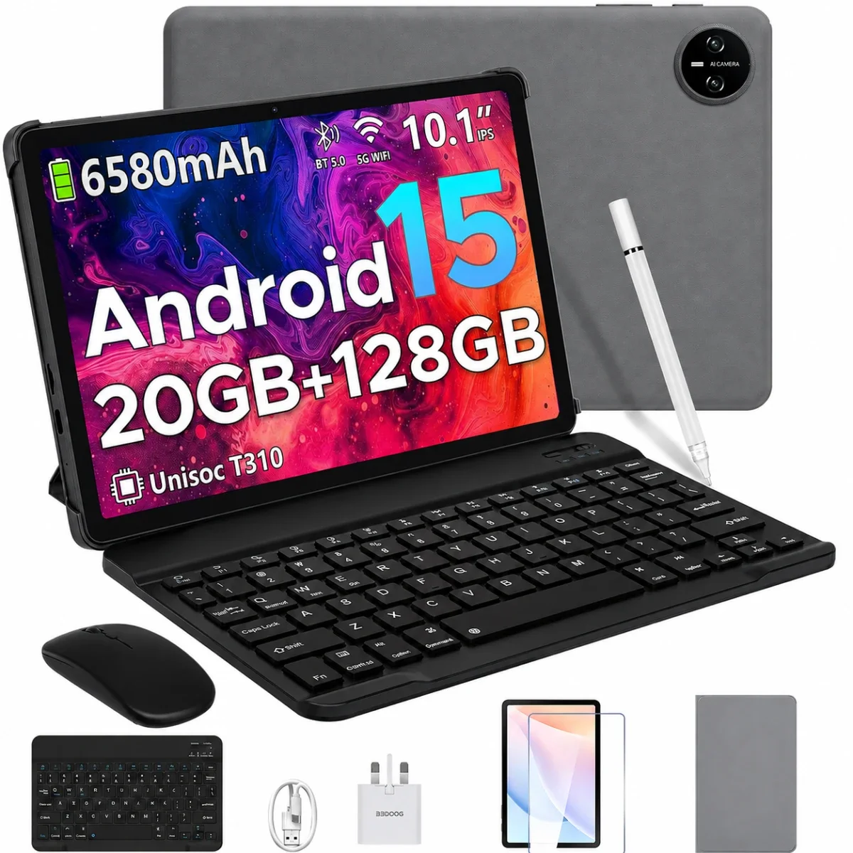 DOOGEE Tab A9 Pro VIB Edition (2025) 10.1-Inch WiFi Tablet, 128GB, 4GB + 16GB Shared Memory, Gray Bundle