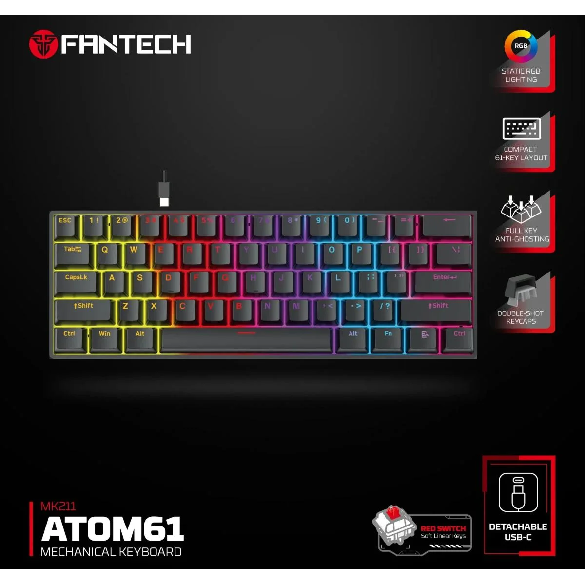 كيبورد ألعاب ميكانيكي Fantech MK211 ATOM61 بمفاتيح ABS مزدوجة الحقن - Thumbnail 3