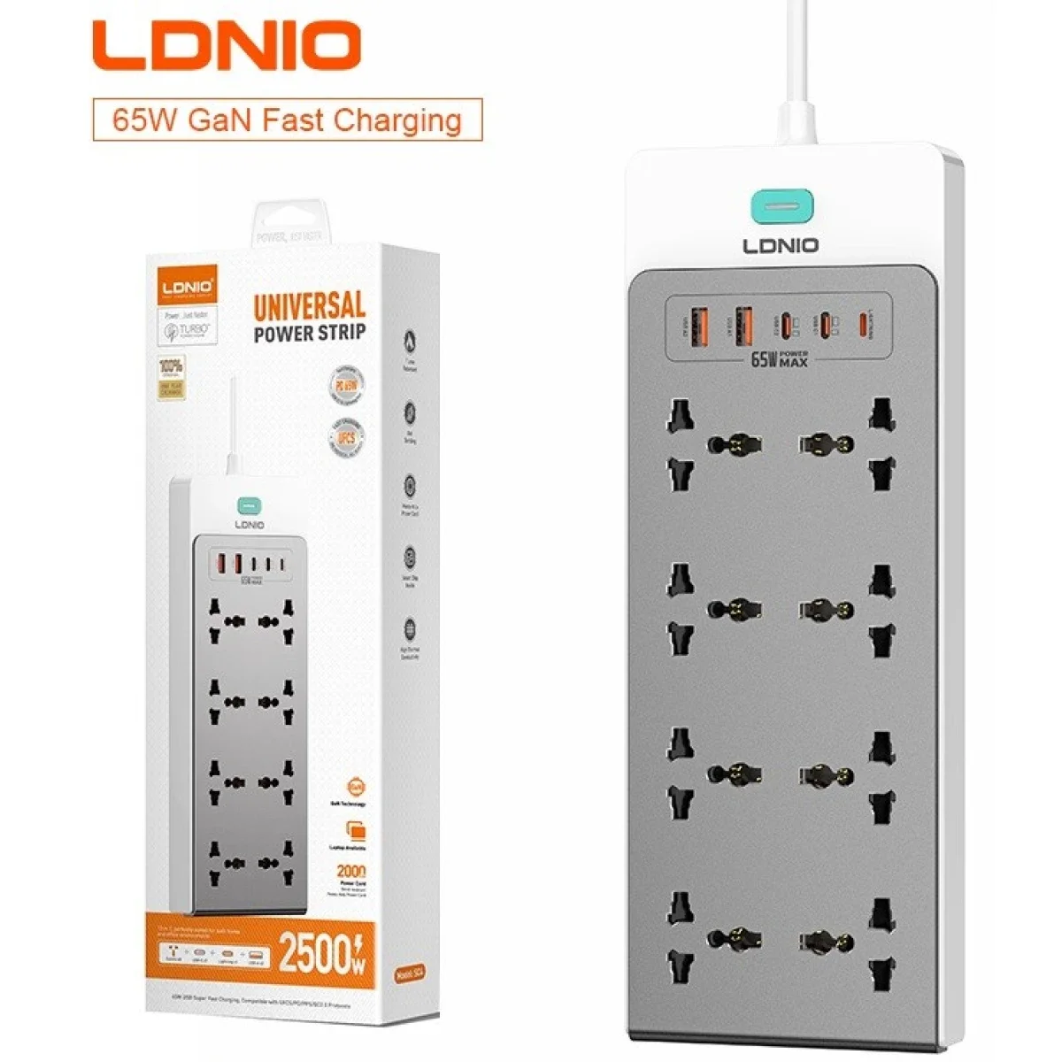 LDNIO SC4 13-in-1 65W GaN PD Power Strip with 8 AC Outlets, 2m Cable