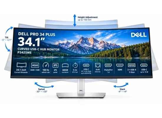 Dell Pro 34 Plus P3425WE 34-inch 2K IPS Ultrawide Curved 3800R Monitor, 100Hz