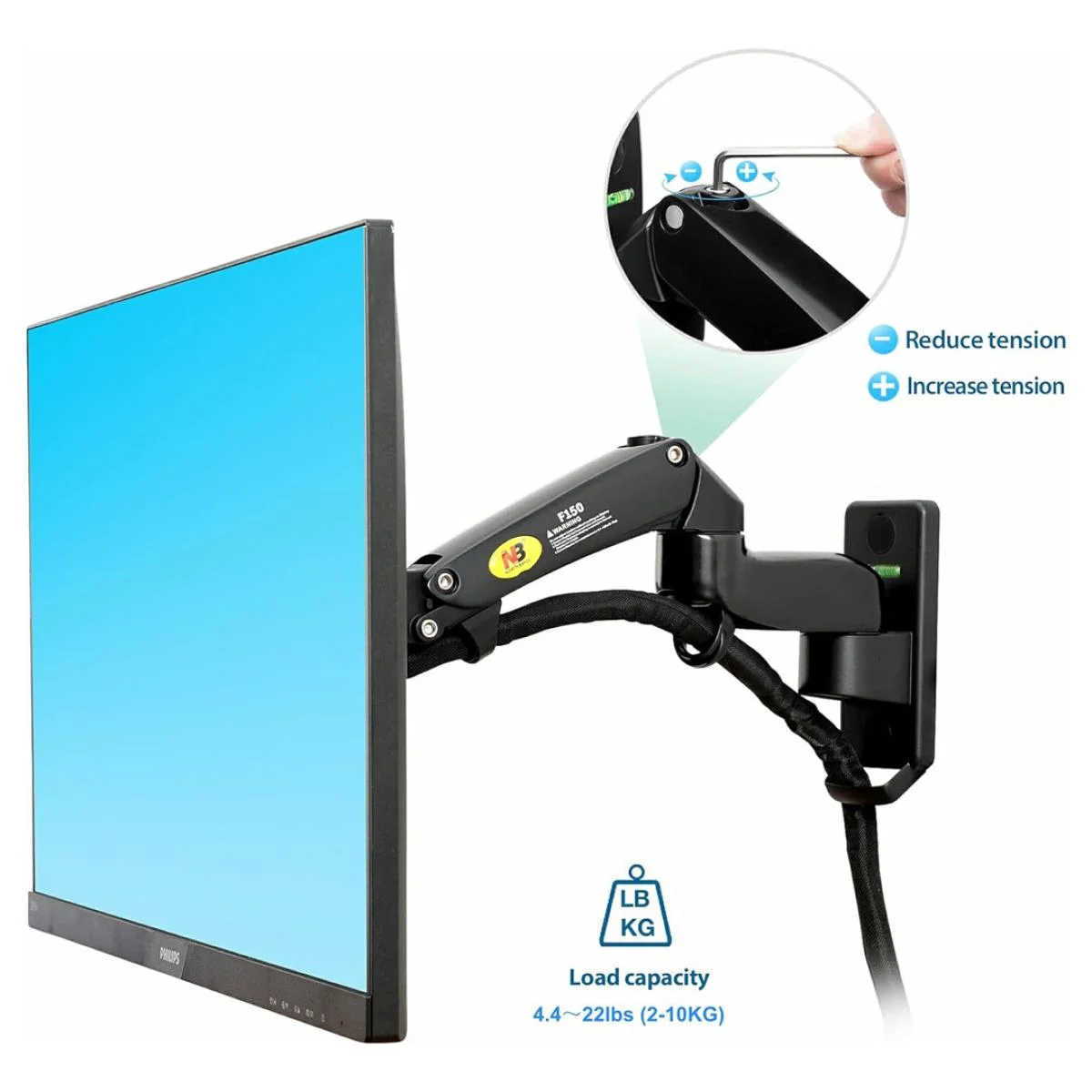 North Bayou NB F150 Ergonomic Wall Mount Single Monitor Arm for 17-35 Inch Displays, 3-12kg - Thumbnail 2