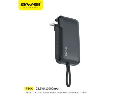 Awei P84K 10000mAh Power Bank with Built-in USB-C Cable & Plug, 22.5W Fast Charging - Thumbnail 8