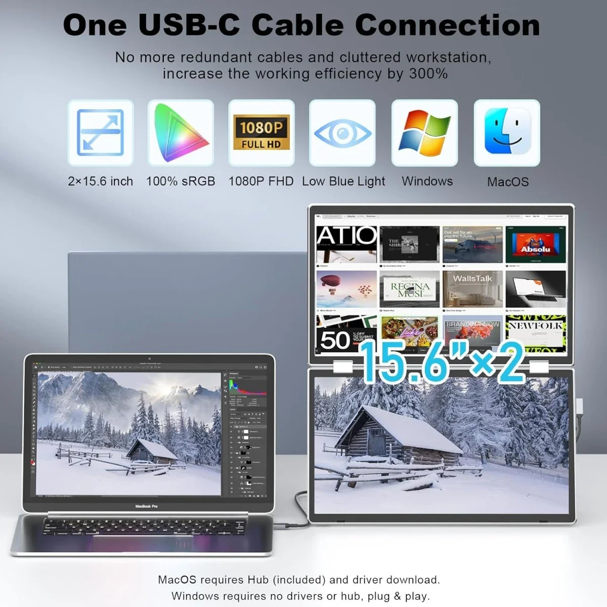 موسع شاشة لابتوب محمول V2COM M2 مزدوج 15.6 إنش IPS بدقة Full HD قابل للطي - Thumbnail 3