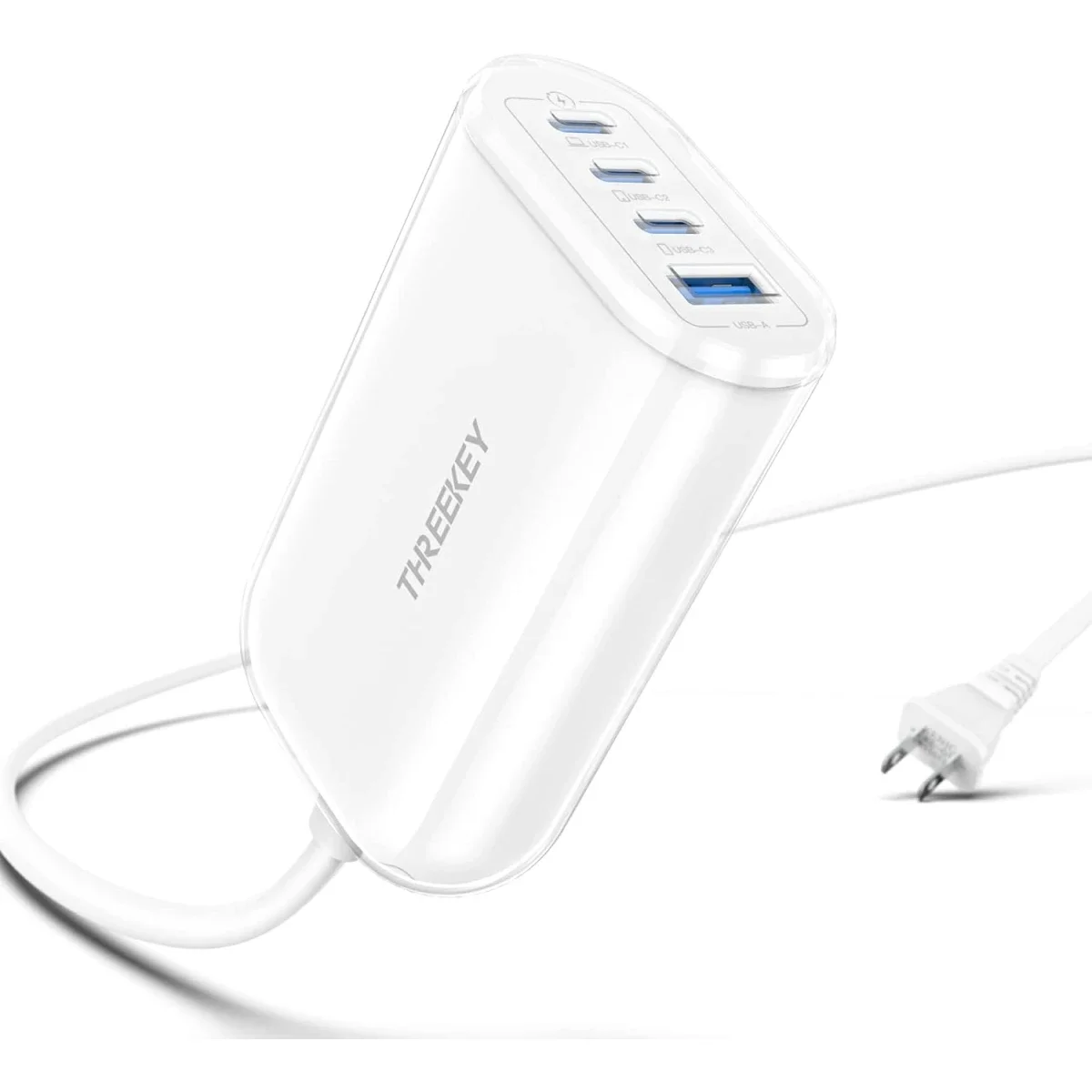شاحن مكتبي THREEKEY GaN USB-C بأربعة منافذ 65 واط أبيض