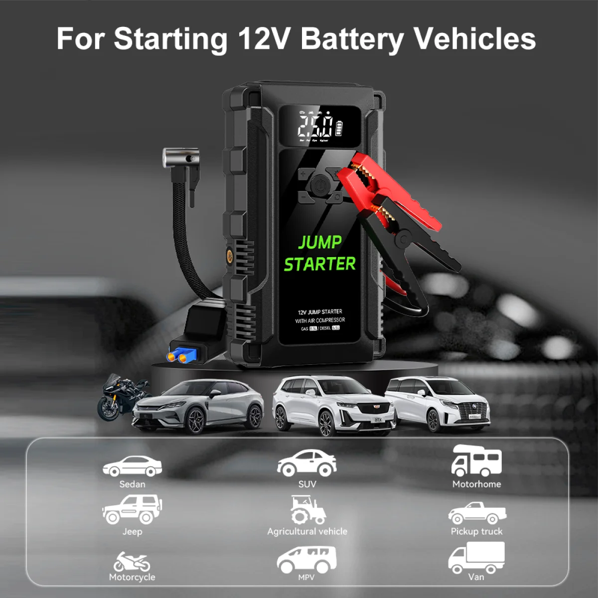 جهاز اشتراك بطارية سيارة K09 محمول مع منفاخ إطارات 18000mAh و12V