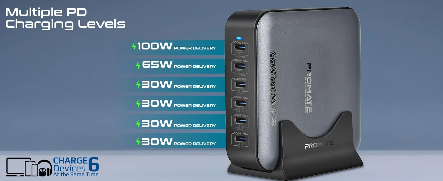 محطة شحن مكتبية Promate PowerBase-GaN285 بتقنية GaN بقدرة 285 واط و6 منافذ USB-C - أسود - Thumbnail 10
