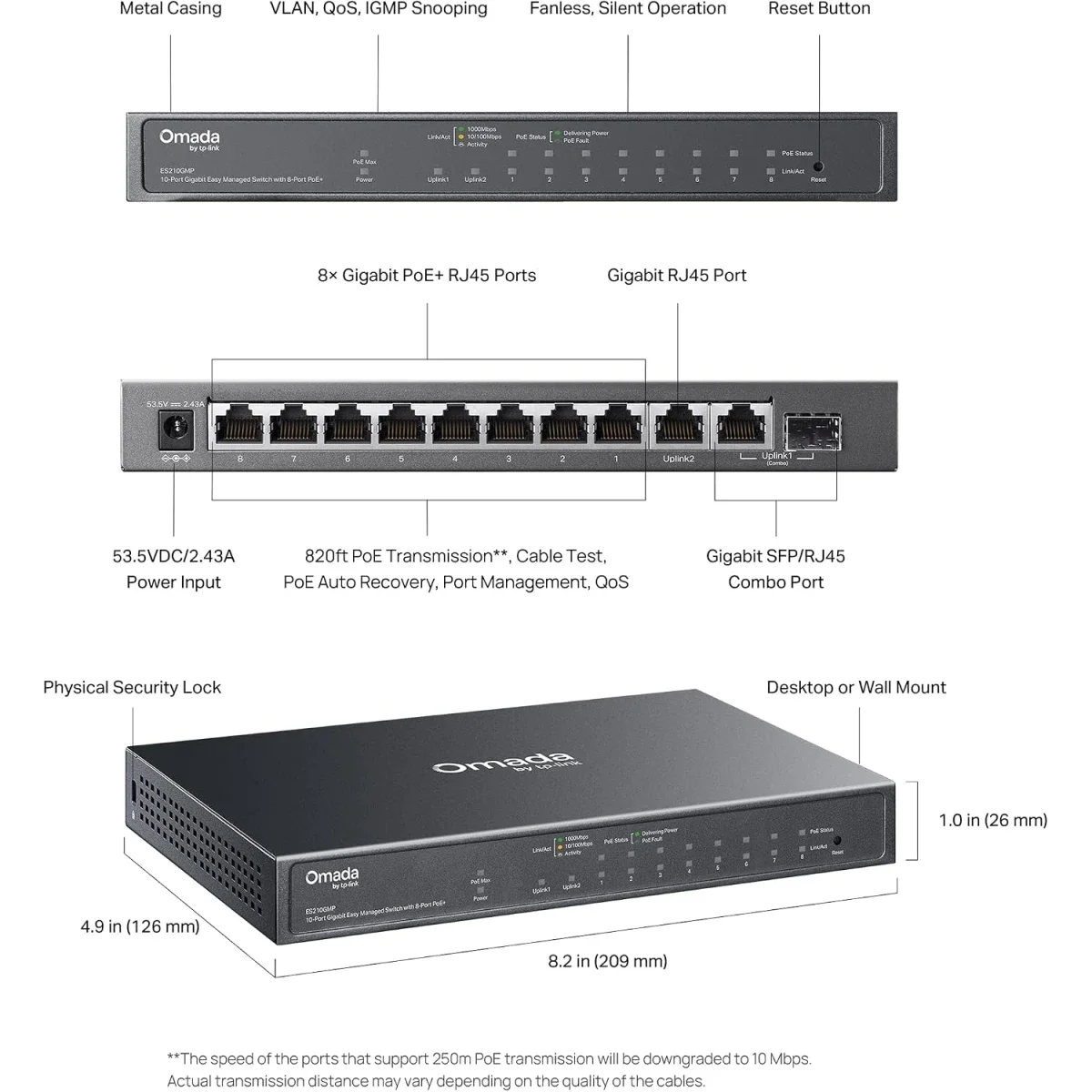 TP-LINK Omada ES210GP 10-Port Gigabit Easy Managed Switch with 8-Port PoE+ - Thumbnail 5