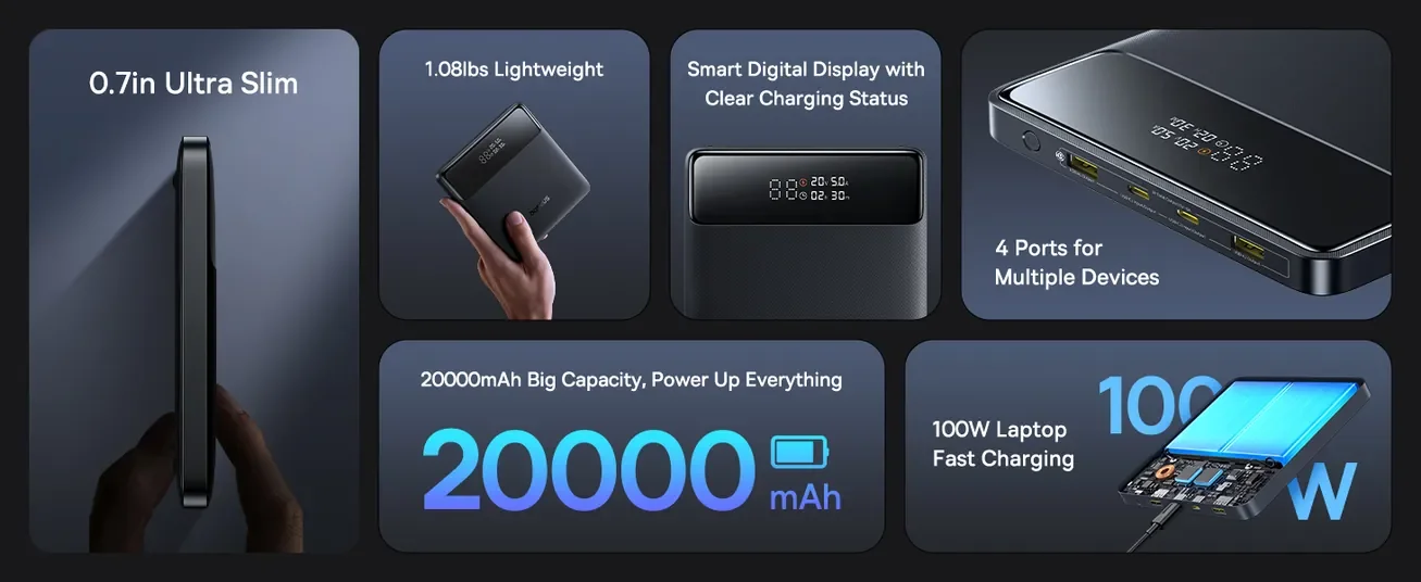 Baseus Blade H1 Lite 20000mAh 100W Fast Charging Power Bank with Type-C Cable, 4 Ports, Black - Thumbnail 12