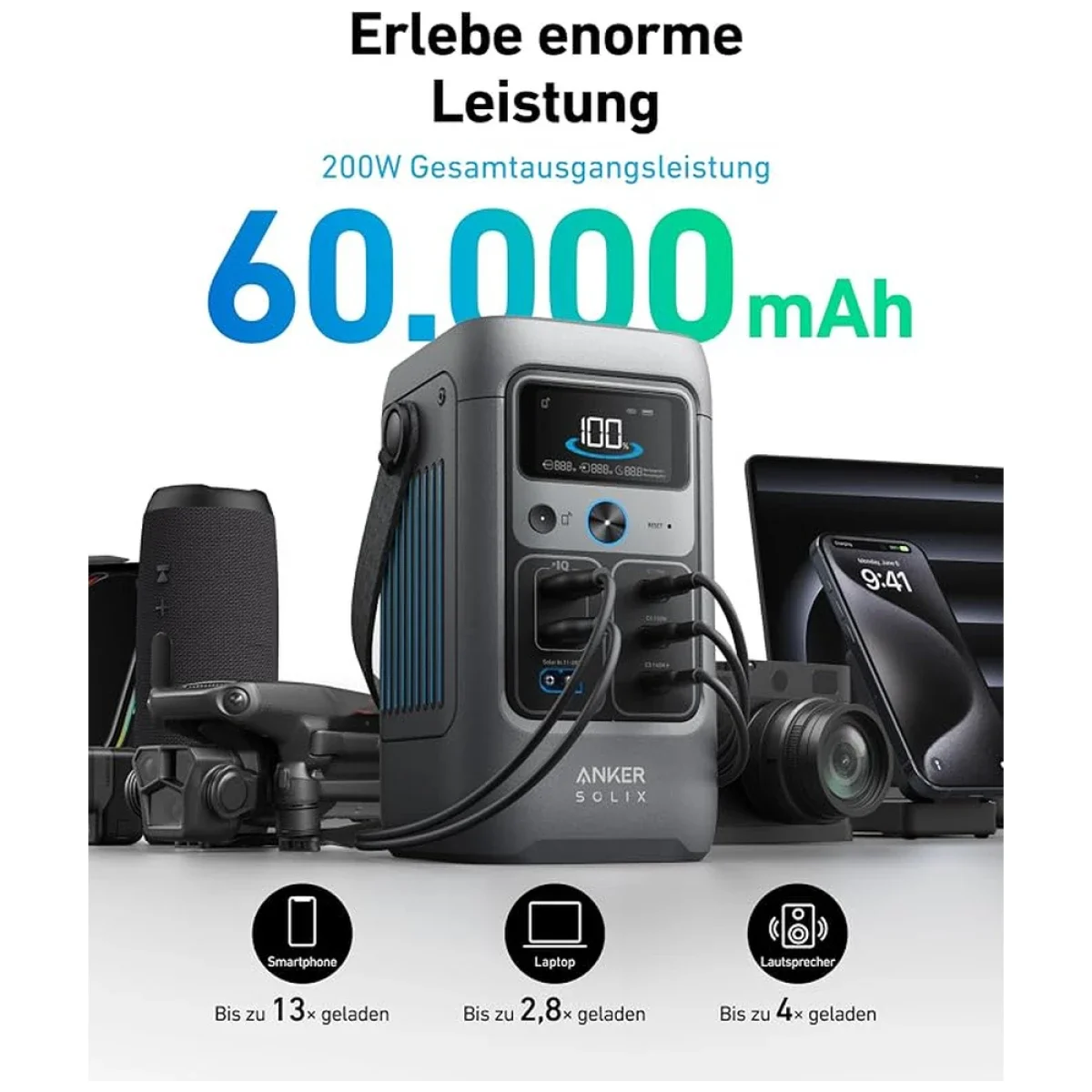 محطة طاقة متنقلة Anker SOLIX C200 DC بسعة 60.000mAh و192Wh وبطارية LiFePO4 وقدرة 200W - Image 3