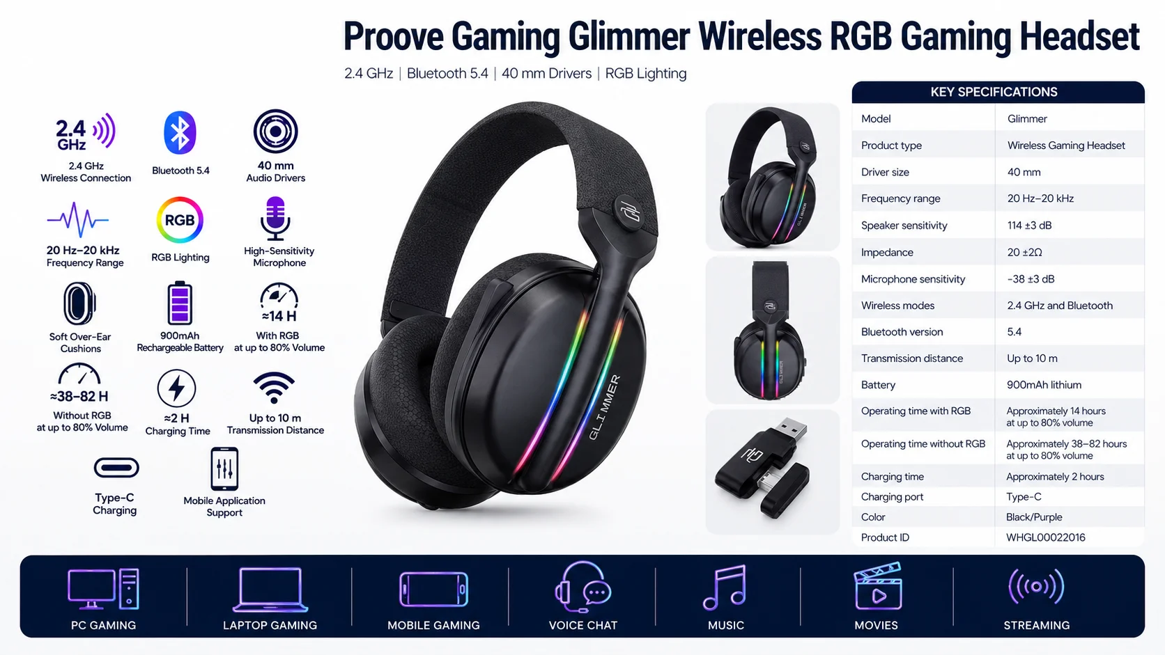 Proove Glimmer Dual-Wireless RGB Gaming Headset, Black/Purple (WHGL00022016) - Thumbnail 14