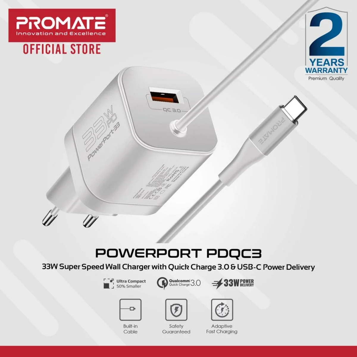 شاحن حائط Promate PowerPort-PDQC3 USB-C بقدرة 33 واط مع QC 3.0 بقدرة 22.5 واط وكابل 1.5 متر - أبيض