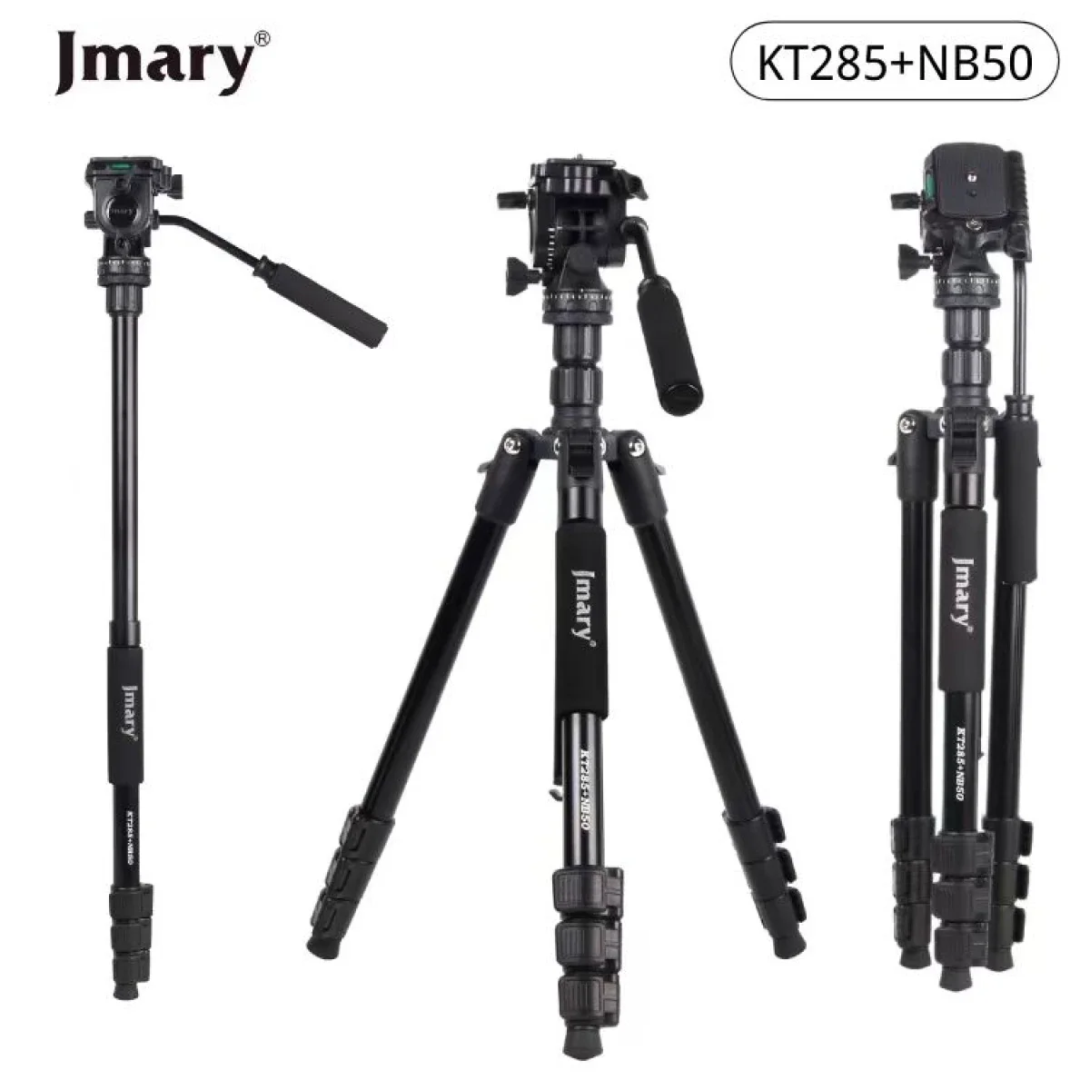 حامل ثلاثي وأحادي احترافي Jmary KT285+NB50 2 في 1 برأس هيدروليكي سائل، 175 سم، أسود - Thumbnail 3
