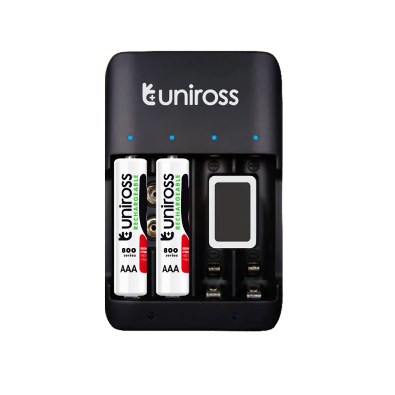 شاحن بطاريات Uniross UCU004A صغير الحجم مع 4 بطاريات AA NiMH قابلة للشحن بسعة 2000mAh
