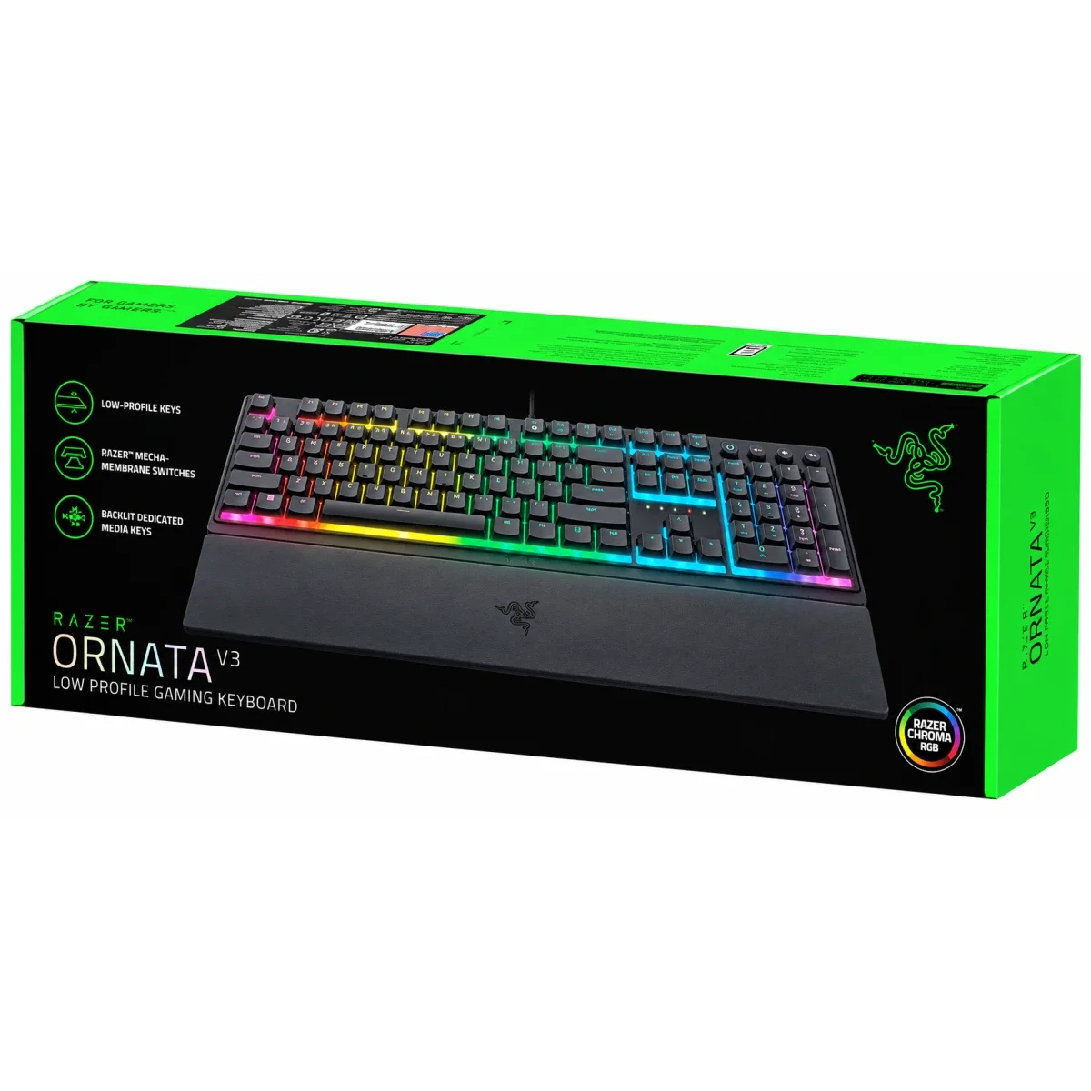 Razer Ornata V3 Low-Profile Gaming Keyboard, Mecha-Membrane, 10-Zone RGB, Spill-Resistant, Magnetic Wrist Rest - Arabic/English
