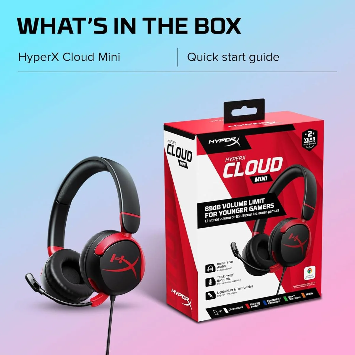HyperX Cloud Mini Wired On-Ear Gaming Headset for Kids, 30mm Drivers, Flip-to-Mute Mic, Black