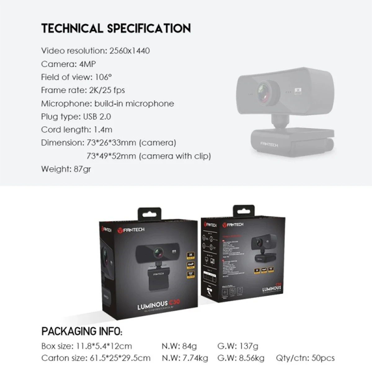 Fantech LUMINOUS C30 2K QHD 4MP USB Webcam with Microphone - Image 7